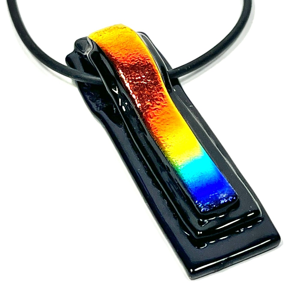 LGBTQ Pride Rainbow Dichroic Glass Pendant Necklace Black Fused Glass Art
